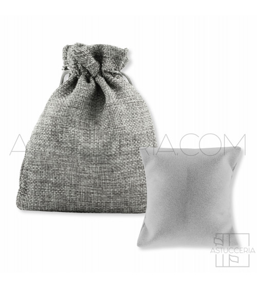 Sacchetti Regalo Di Juta Doppio Laccio 12x15cm Con Cuscino Di Velluto 20pz Grigio