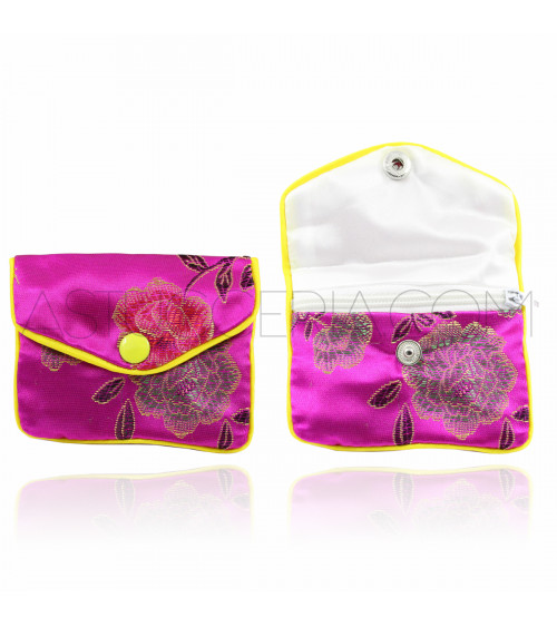Sacchetti Regalo Pochette Di Raso Ricamato Con Zip 11x16cm 12 pezzi Fucsia