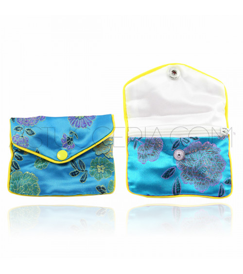 Sacchetti Regalo Pochette Di Raso Ricamato Con Zip 8x10cm 12 pezzi Celeste