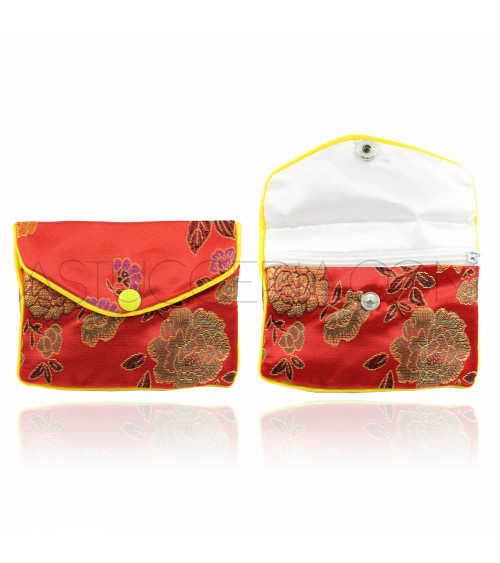 Sacchetti Regalo Pochette Di Raso Ricamato Con Zip 8x10cm 12 pezzi Rosso