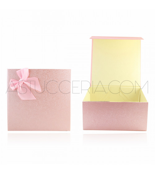 Scatola Regalo Rigida Componibile Chiusura Magnetica Rosa Fiocco Rosa 21x21cm h10cm 3pz