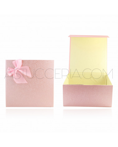 Scatola Regalo Rigida Componibile Chiusura Magnetica Rosa Fiocco Rosa 21x21cm h10cm 3pz