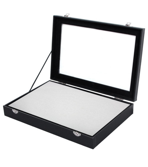 Vassoio Espositore Con Coperchio Di Vetro E Chiusura 30x20x4,5cm Bianco