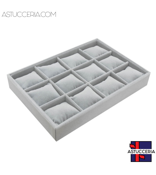 Vassoio Espositore Contenitore Per Gioielli Con Cuscinetti 35x24x5cm 12 Scomparti Velluto Grigio