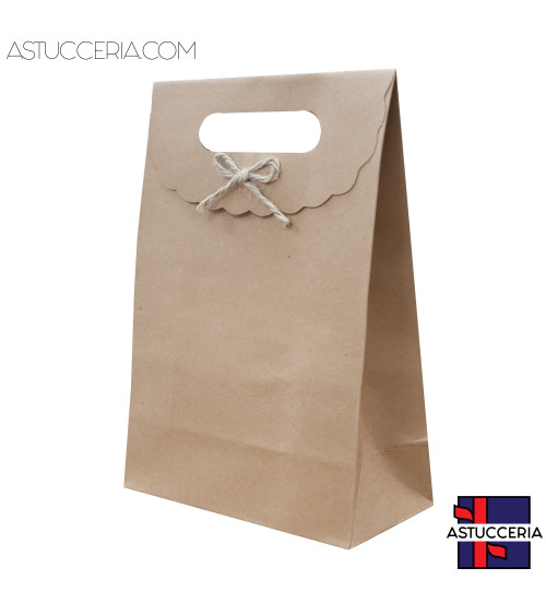 Sacchetti Regalo Di Carta Con Fiocco Con Chiusura Velcro L 19x27x9cm 12pz Kraft Naturale