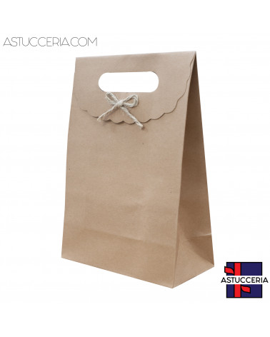 Sacchetti Regalo Di Carta Con Fiocco Con Chiusura Velcro L 19x27x9cm 12pz Kraft Naturale
