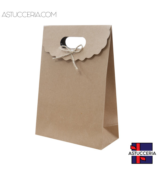Sacchetti Regalo Di Carta Con Fiocco Con Chiusura Velcro M 14,5x21x7cm12pz Kraft Naturale