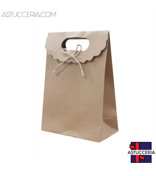 Sacchetti Regalo Di Carta Con Fiocco Con Chiusura Velcro S 12,5x16,5x6cm 12pz Kraft Naturale