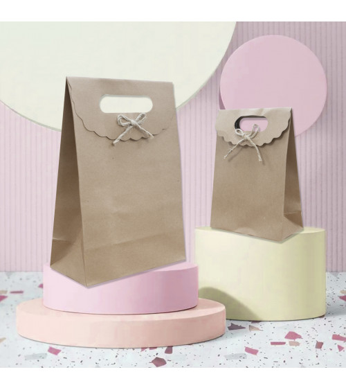 Sacchetti Regalo Di Carta Con Fiocco Con Chiusura Velcro M 14,5x21x7cm12pz Kraft Naturale