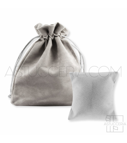 Sacchetti Regalo Di Velluto Doppio Laccio 12x15cm Con Cuscino Porta Bracciale 20pz Grigio