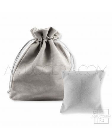 Sacchetti Regalo Di Velluto Doppio Laccio 12x15cm Con Cuscino Porta Bracciale 20pz Grigio