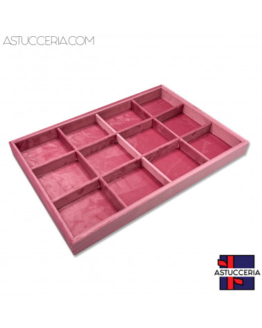 Vassoio Couvette Per Gioielli Linea VELOUR 35x24x3cm 12 Scomparti Rosa (Modello Impilabile)