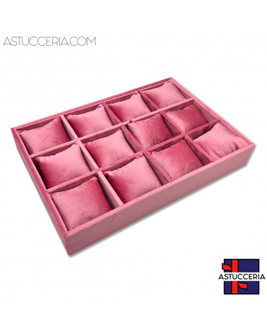 Vassoio Couvette Per Gioielli Linea VELOUR 35x24x5cm 12 Cuscinetti Rosa (Modello Impilabile)