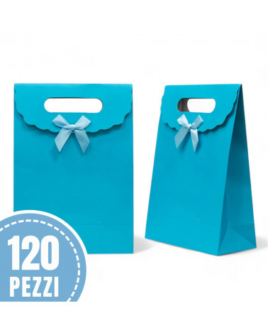 Sacchetti Regalo Di Carta Con Fiocco Con Chiusura Velcro L 19x27x9cm 120 pezzi Celeste LOTTO STOCK
