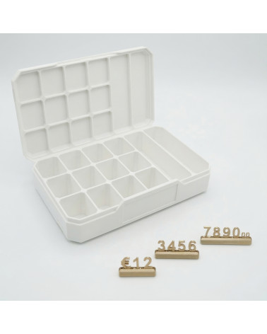 Contenitore e 15 Set Segna Prezzi Componibili 130x80x23mm Oro