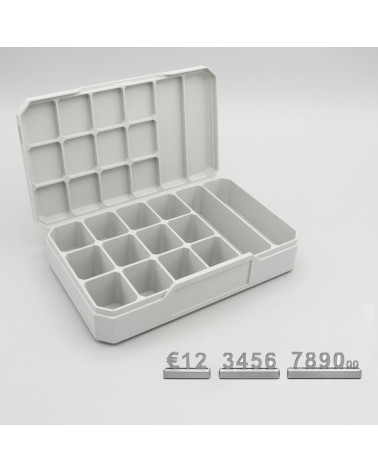 Contenitore e 15 Set Segna Prezzi Componibili 130x80x23mm Argento