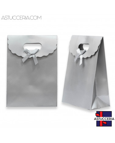 Sacchetti Regalo Di Carta Con Fiocco Con Chiusura Velcro L 19x27x9cm 12pz Argento