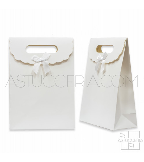 Sacchetti Regalo Di Carta Con Fiocco Con Chiusura Velcro L 19x27x9cm 12pz Bianco