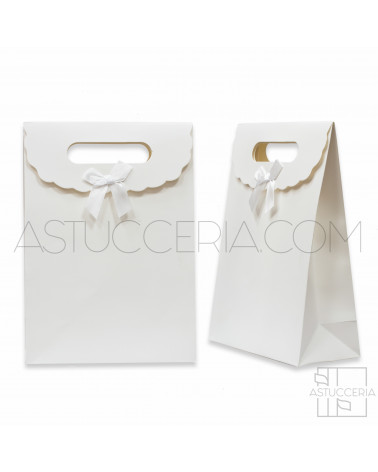 Sacchetti Regalo Di Carta Con Fiocco Con Chiusura Velcro L 19x27x9cm 12pz Bianco
