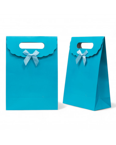 Sacchetti Regalo Di Carta Con Fiocco Con Chiusura Velcro L 19x27x9cm 12pz Celeste