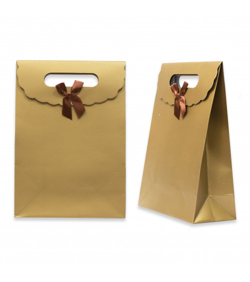 Sacchetti Regalo Di Carta Con Fiocco Con Chiusura Velcro L 19x27x9cm 12pz Oro