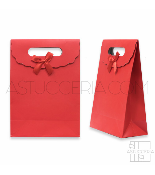 Sacchetti Regalo Di Carta Con Fiocco Con Chiusura Velcro L 19x27x9cm 12pz Rosso