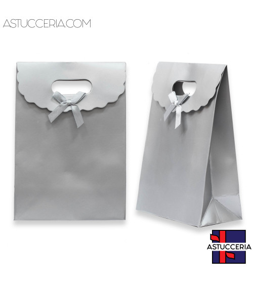 Sacchetti Regalo Di Carta Con Fiocco Con Chiusura Velcro M 14,5x21x7cm12pz Argento