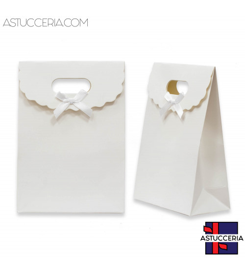 Sacchetti Regalo Di Carta Con Fiocco Con Chiusura Velcro M 14,5x21x7cm12pz Bianco