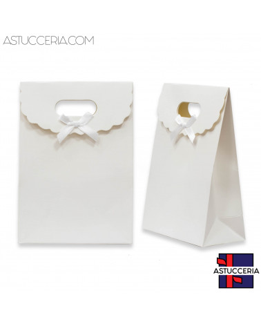 Sacchetti Regalo Di Carta Con Fiocco Con Chiusura Velcro M 14,5x21x7cm12pz Bianco