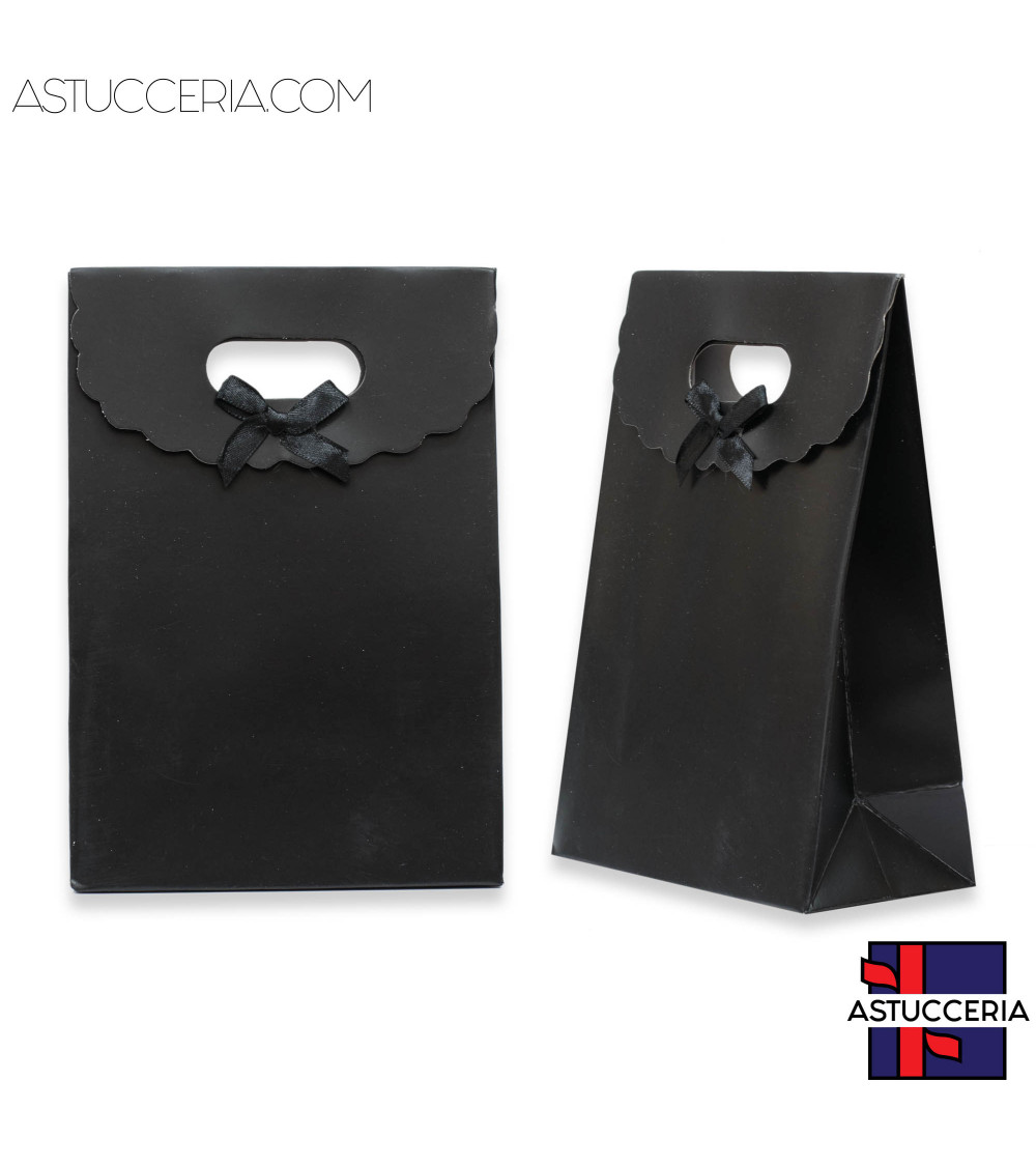 Sacchetti Regalo Di Carta Con Fiocco Con Chiusura Velcro M 14,5x21x7cm12pz  Nero