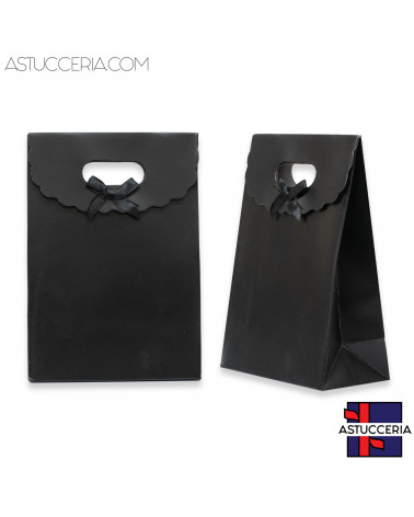 Sacchetti Regalo Di Carta Con Fiocco Con Chiusura Velcro M 14,5x21x7cm12pz Nero