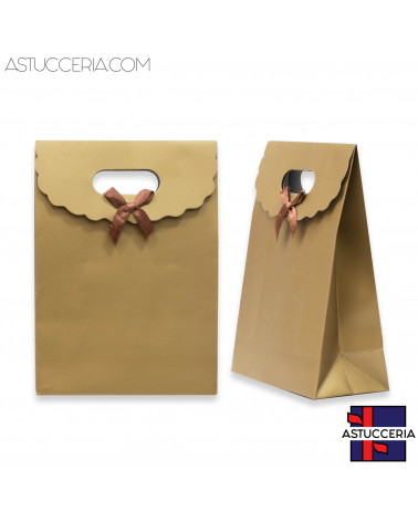 Sacchetti Regalo Di Carta Con Fiocco Con Chiusura Velcro M 14,5x21x7cm12pz Oro