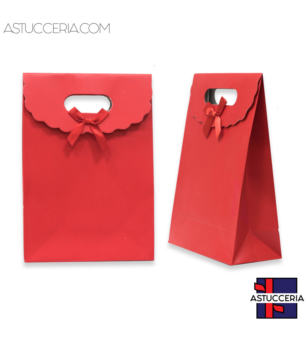 Sacchetti Regalo Di Carta Con Fiocco Con Chiusura Velcro M 14,5x21x7cm12pz  Rosso