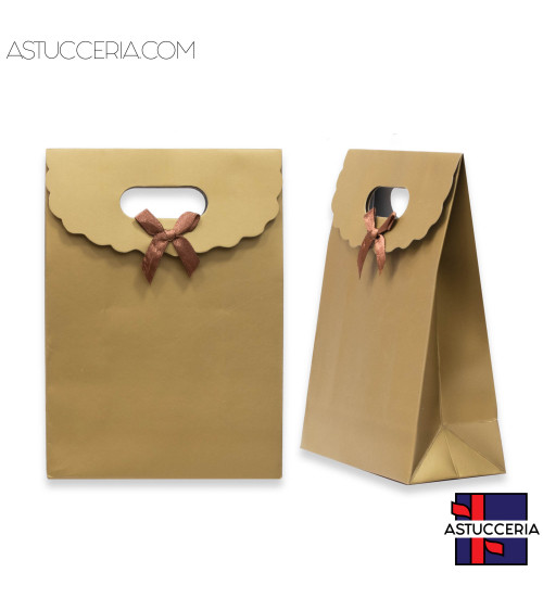 Sacchetti Regalo Di Carta Con Fiocco Con Chiusura Velcro S 12,5x16,5x6cm 12pz Oro