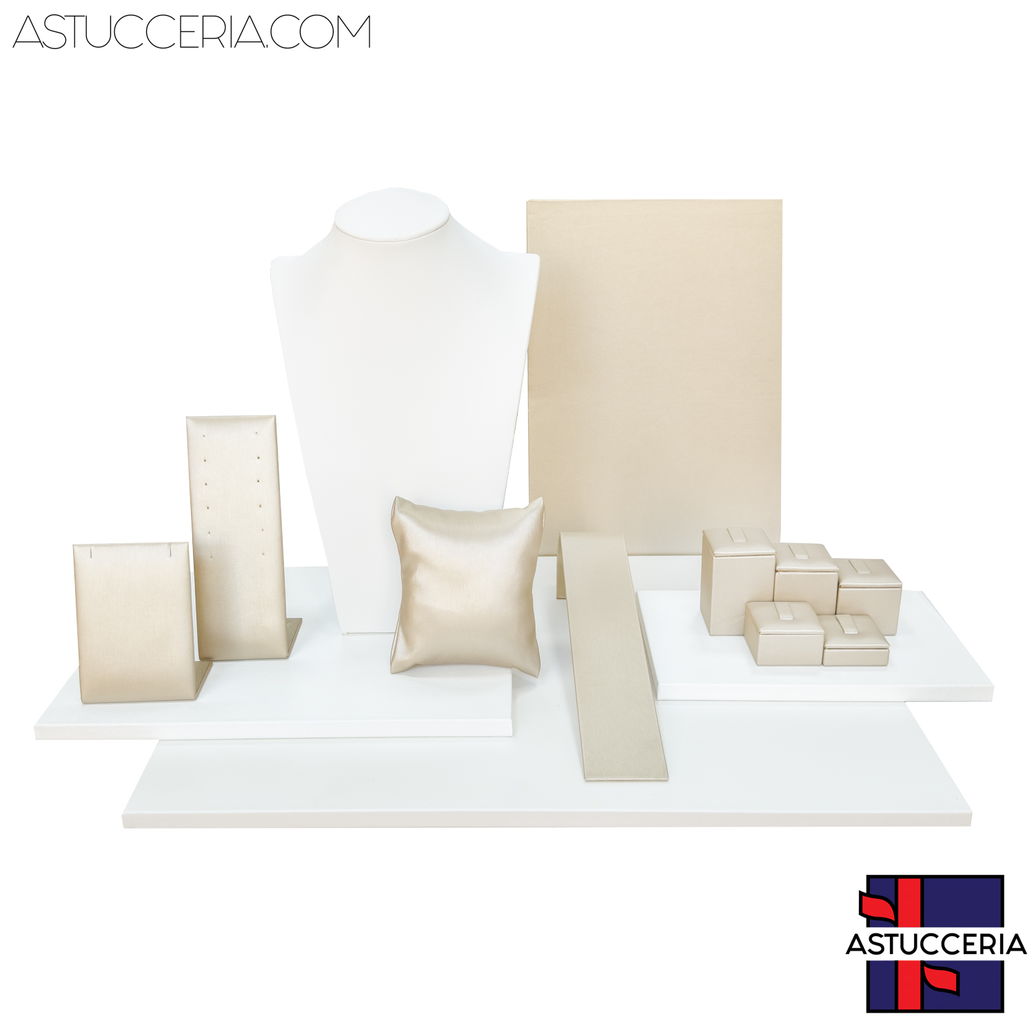 Vetrina Per Gioielleria Linea ELITE 14 Pezzi Similpelle Fibra Bianco e Oro